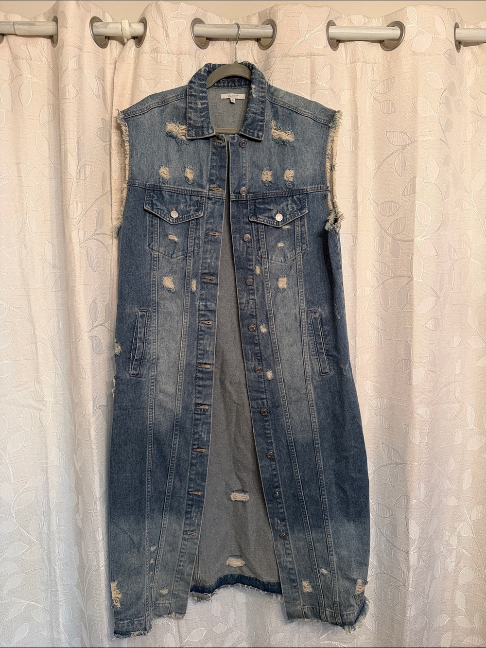 Sleeveless Distressed Long Denim Vest - Blue
